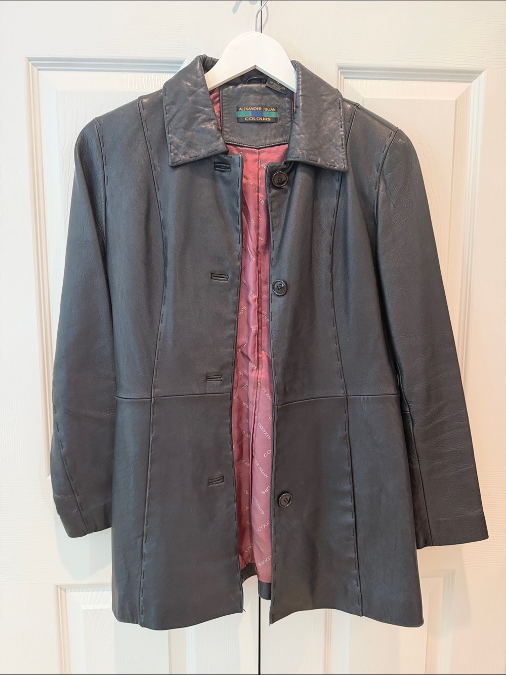 Vintage Alexander Julian Black Leather Coat with Red Lining